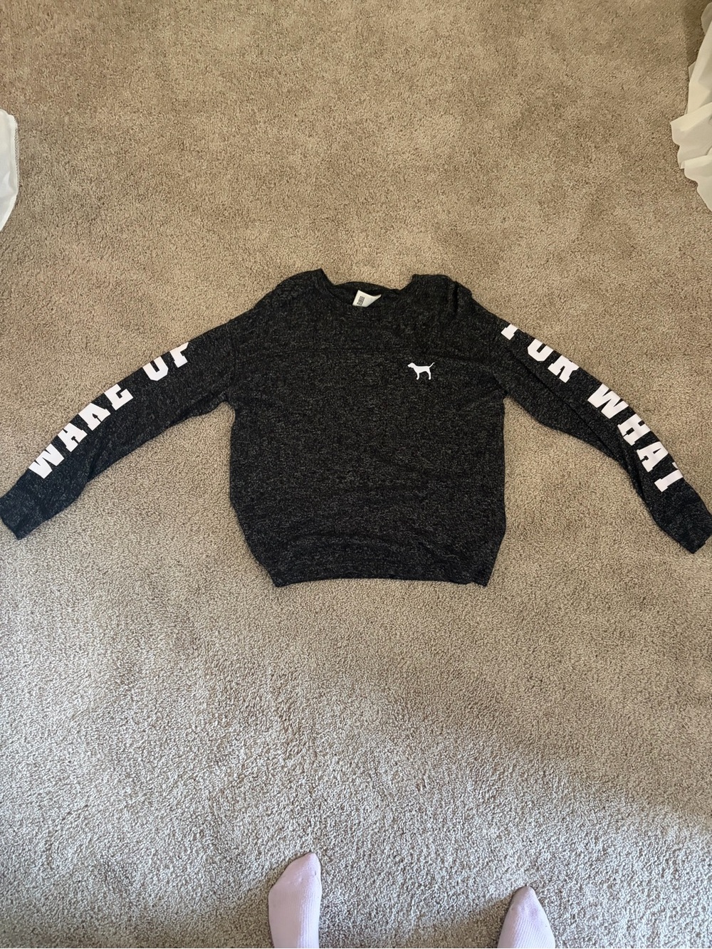 PINK Victoria's Secret Black Crewneck Sweatshirt with White Sleeve Lettering